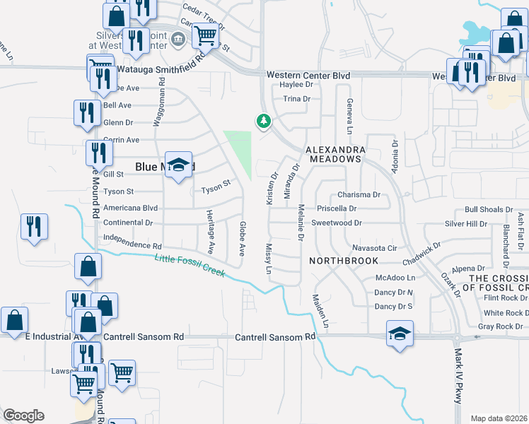 map of restaurants, bars, coffee shops, grocery stores, and more near 753 Globe Avenue in Blue Mound