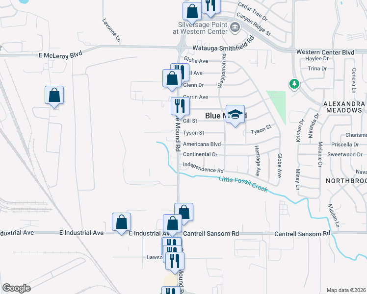 map of restaurants, bars, coffee shops, grocery stores, and more near 1605 Americana Boulevard in Blue Mound