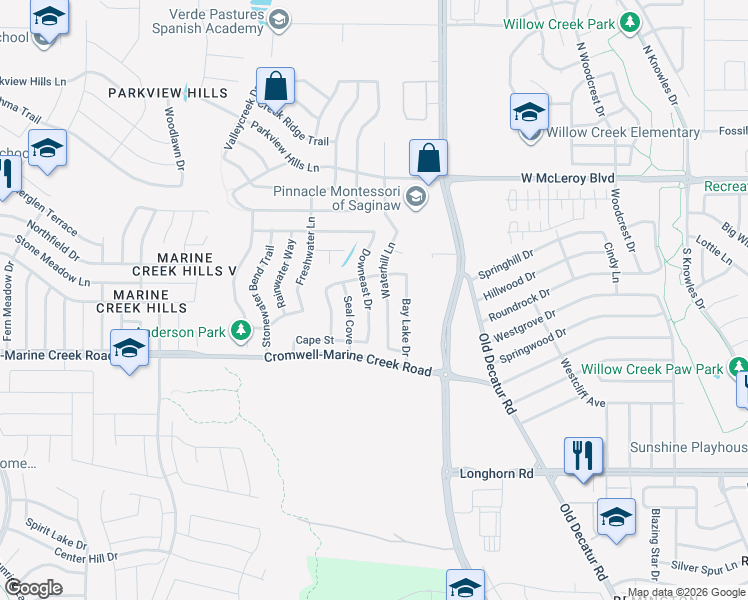 map of restaurants, bars, coffee shops, grocery stores, and more near 6437 Waterhill Lane in Fort Worth