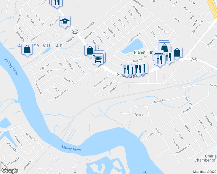 map of restaurants, bars, coffee shops, grocery stores, and more near 4617 Watkins Road in North Charleston