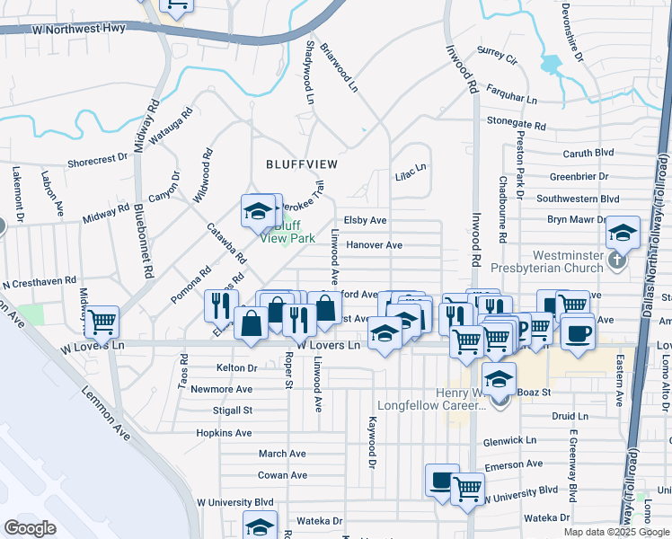 map of restaurants, bars, coffee shops, grocery stores, and more near 8198 Linwood Avenue in Dallas