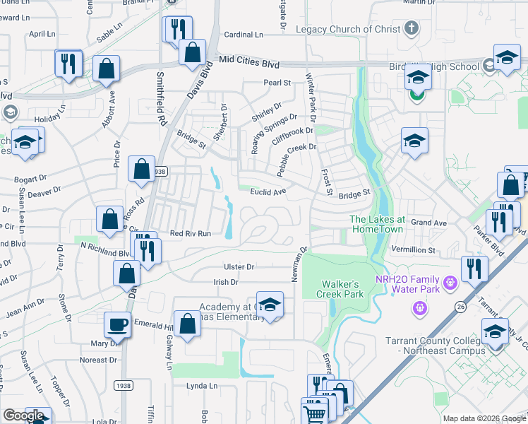 map of restaurants, bars, coffee shops, grocery stores, and more near 8224 Euclid Avenue in North Richland Hills