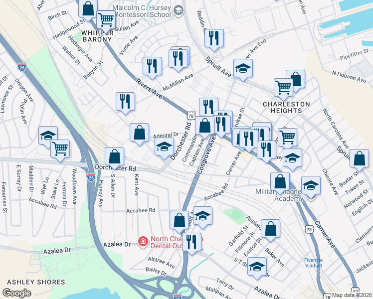 map of restaurants, bars, coffee shops, grocery stores, and more near 2124 Commander Road in North Charleston