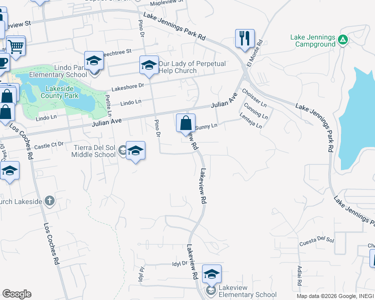 map of restaurants, bars, coffee shops, grocery stores, and more near 9417 Pino Drive in Lakeside