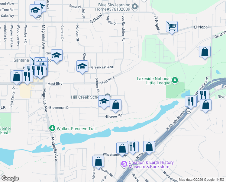 map of restaurants, bars, coffee shops, grocery stores, and more near 9715 Kenesaw Court in Santee