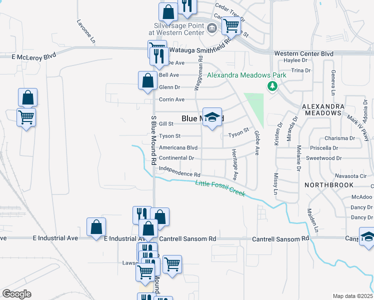 map of restaurants, bars, coffee shops, grocery stores, and more near 1652 Americana Boulevard in Blue Mound