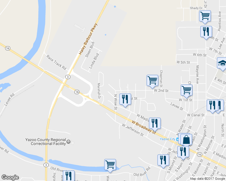 map of restaurants, bars, coffee shops, grocery stores, and more near 76 North Wise Street in Yazoo City