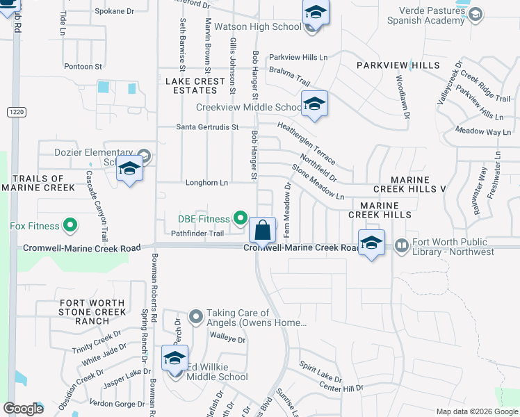 map of restaurants, bars, coffee shops, grocery stores, and more near 5813 Matt Street in Fort Worth