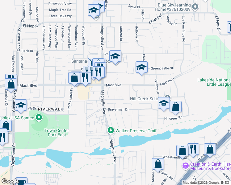 map of restaurants, bars, coffee shops, grocery stores, and more near 10445 Mast Boulevard in Santee