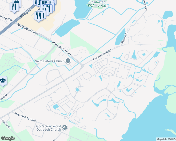 map of restaurants, bars, coffee shops, grocery stores, and more near 1201 Flowering Oak Way in Mount Pleasant