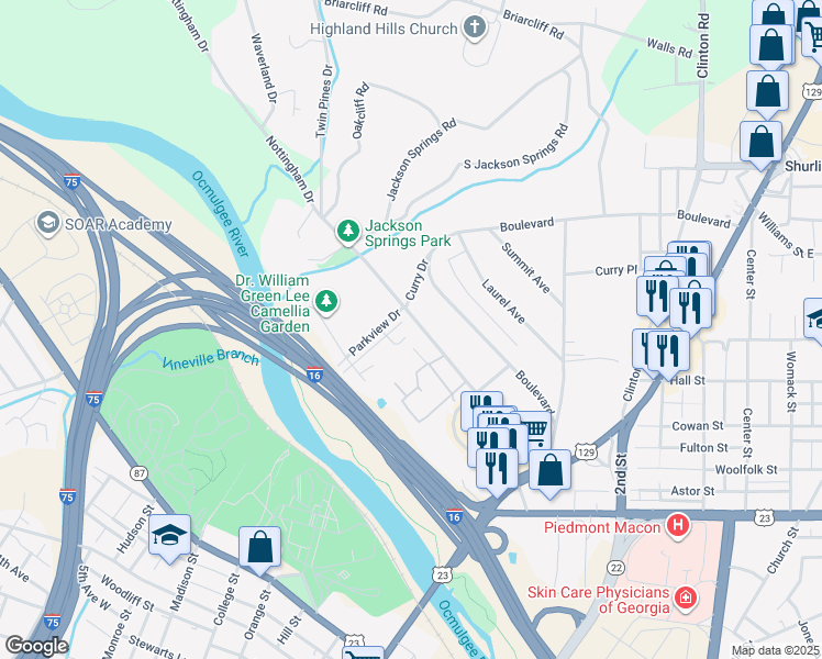 map of restaurants, bars, coffee shops, grocery stores, and more near 885 Parkview Drive in Macon