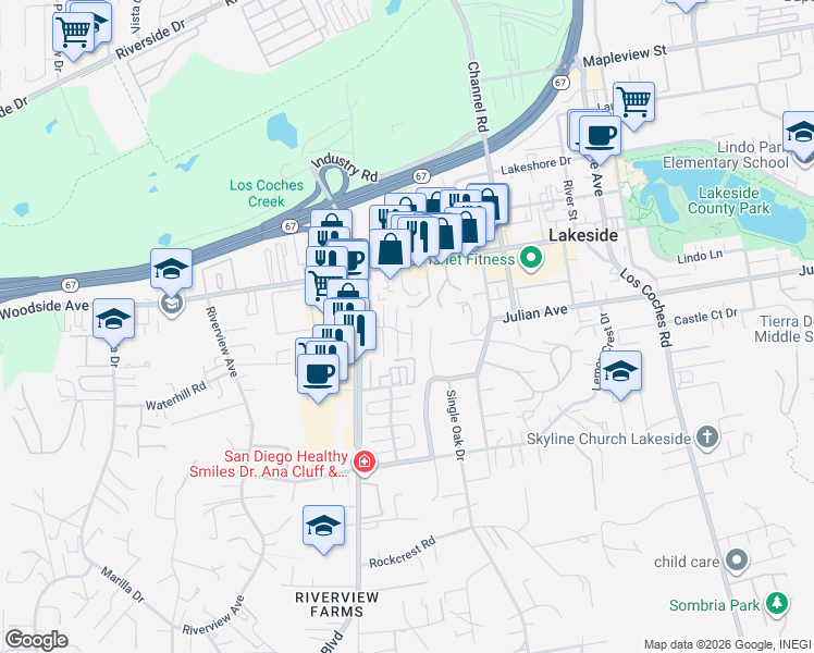 map of restaurants, bars, coffee shops, grocery stores, and more near 9725 Winter Gardens Boulevard in Lakeside