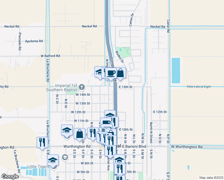 map of restaurants, bars, coffee shops, grocery stores, and more near 714 N Imperial Ave in Imperial