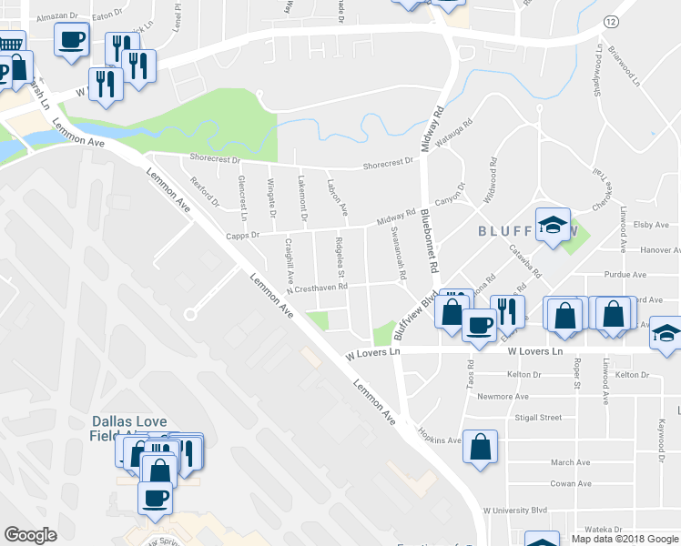 map of restaurants, bars, coffee shops, grocery stores, and more near 8413 Ridgelea Street in Dallas
