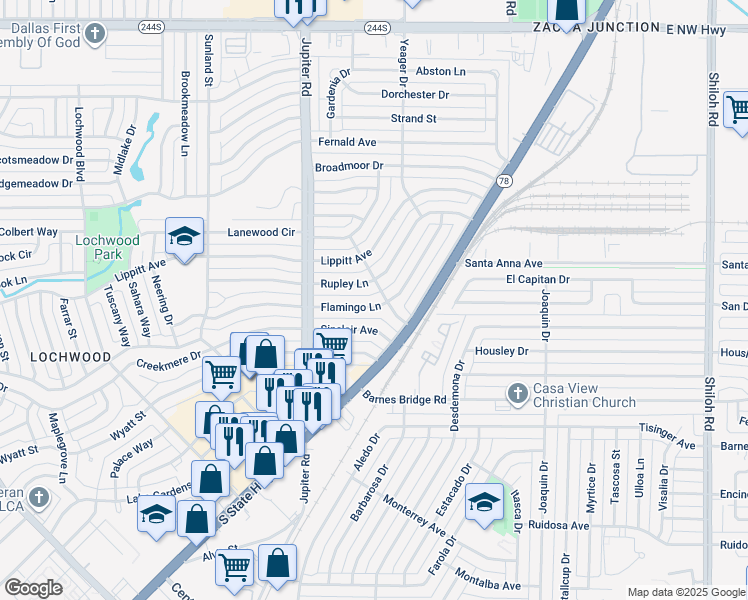 map of restaurants, bars, coffee shops, grocery stores, and more near 11605 Flamingo Lane in Dallas