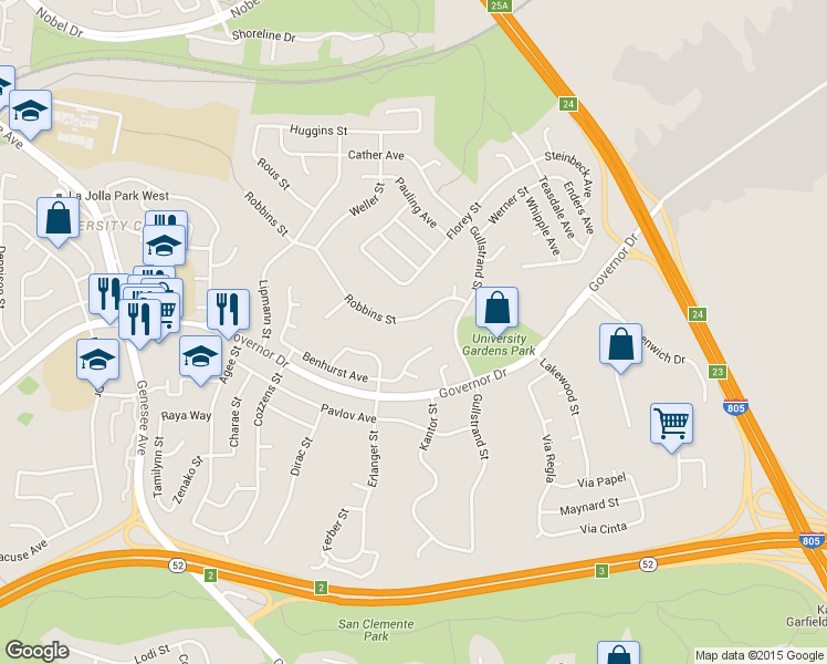 map of restaurants, bars, coffee shops, grocery stores, and more near 4679 Robbins Street in San Diego