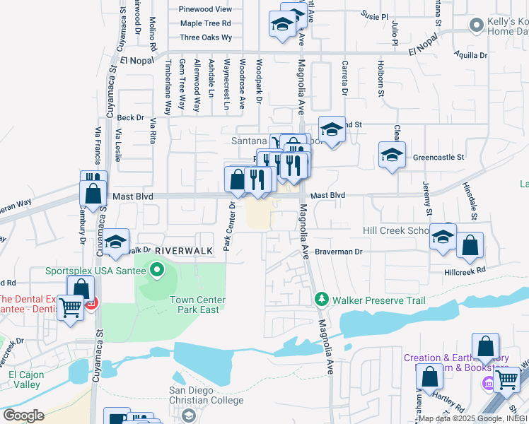 map of restaurants, bars, coffee shops, grocery stores, and more near 10267 Mast Boulevard in Santee
