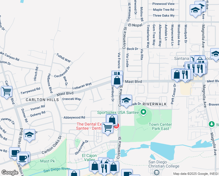 map of restaurants, bars, coffee shops, grocery stores, and more near 9752 Cambury Court in Santee