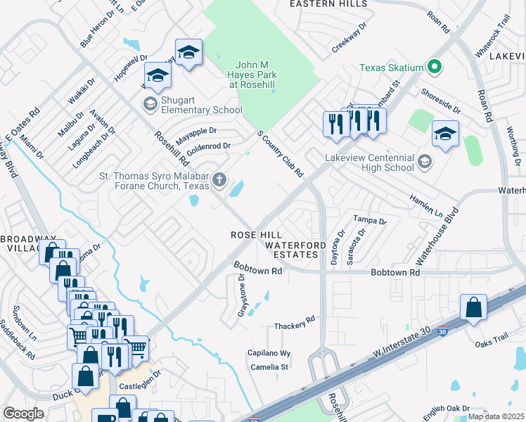 map of restaurants, bars, coffee shops, grocery stores, and more near 1185 Rowlett Road in Garland