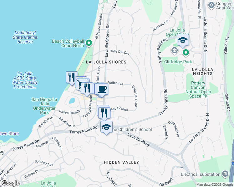 map of restaurants, bars, coffee shops, grocery stores, and more near 2370 Avenida De La Playa in San Diego