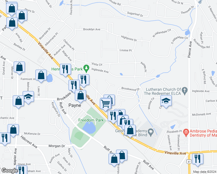 map of restaurants, bars, coffee shops, grocery stores, and more near 227 Ridgewood Avenue in Macon