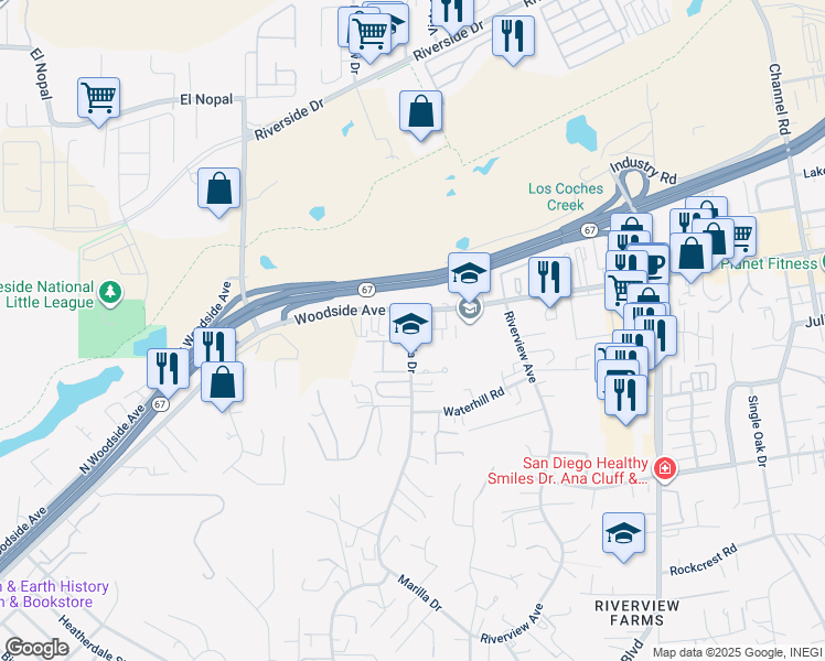 map of restaurants, bars, coffee shops, grocery stores, and more near 11719 Woodside Avenue in Lakeside