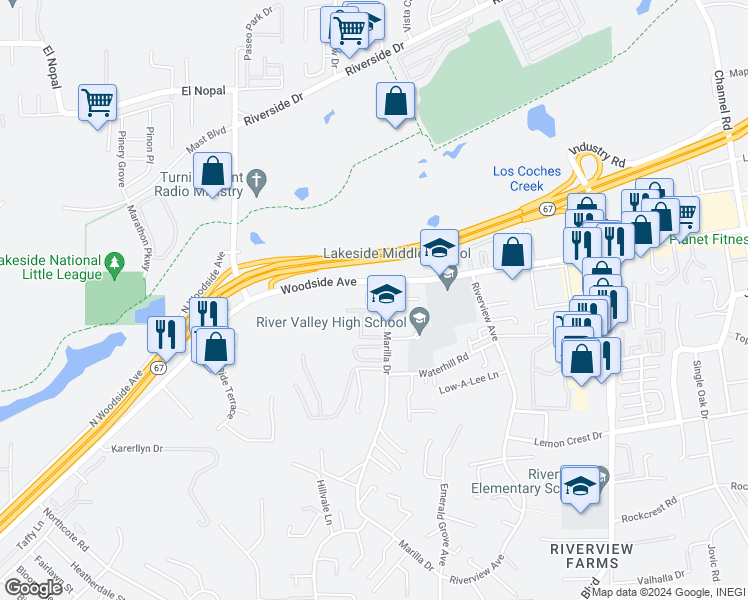 map of restaurants, bars, coffee shops, grocery stores, and more near 11665 Woodside Avenue in Lakeside