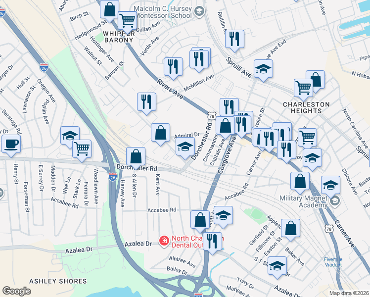 map of restaurants, bars, coffee shops, grocery stores, and more near 3516 Admiral Drive in North Charleston