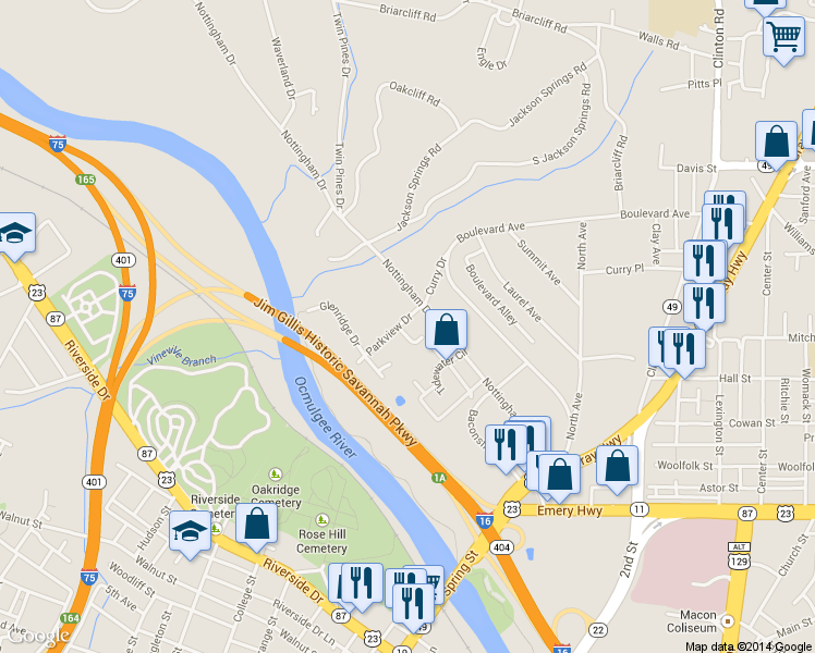 map of restaurants, bars, coffee shops, grocery stores, and more near 875 Parkview Drive in Macon