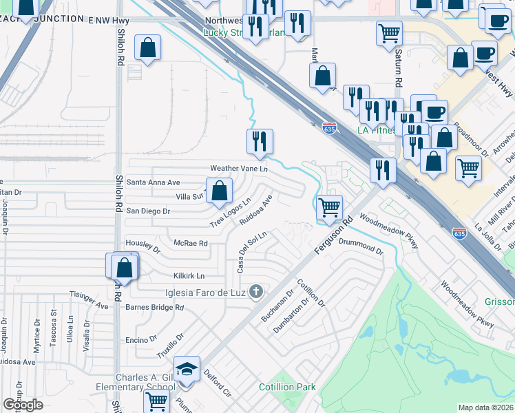 map of restaurants, bars, coffee shops, grocery stores, and more near 3839 Ruidosa Avenue in Dallas