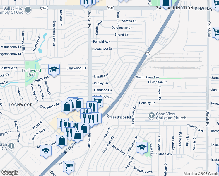 map of restaurants, bars, coffee shops, grocery stores, and more near 11605 Flamingo Lane in Dallas