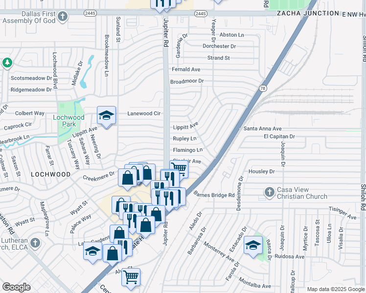 map of restaurants, bars, coffee shops, grocery stores, and more near 11512 Rupley Lane in Dallas