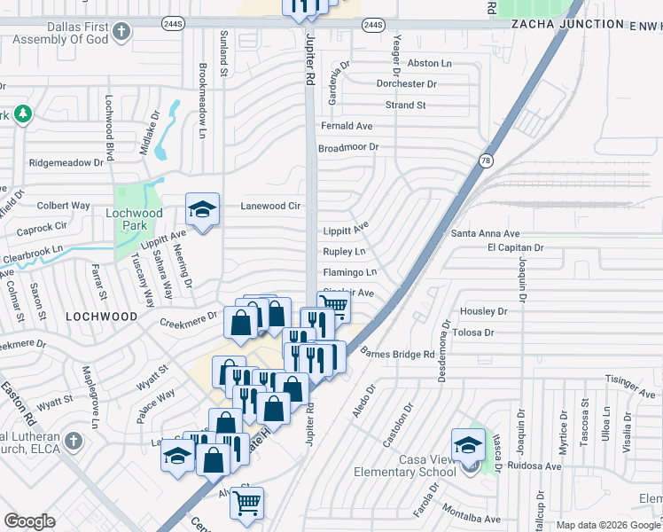 map of restaurants, bars, coffee shops, grocery stores, and more near 11412 Rupley Lane in Dallas