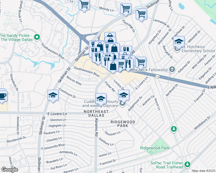map of restaurants, bars, coffee shops, grocery stores, and more near 6408 Fisher Road in Dallas