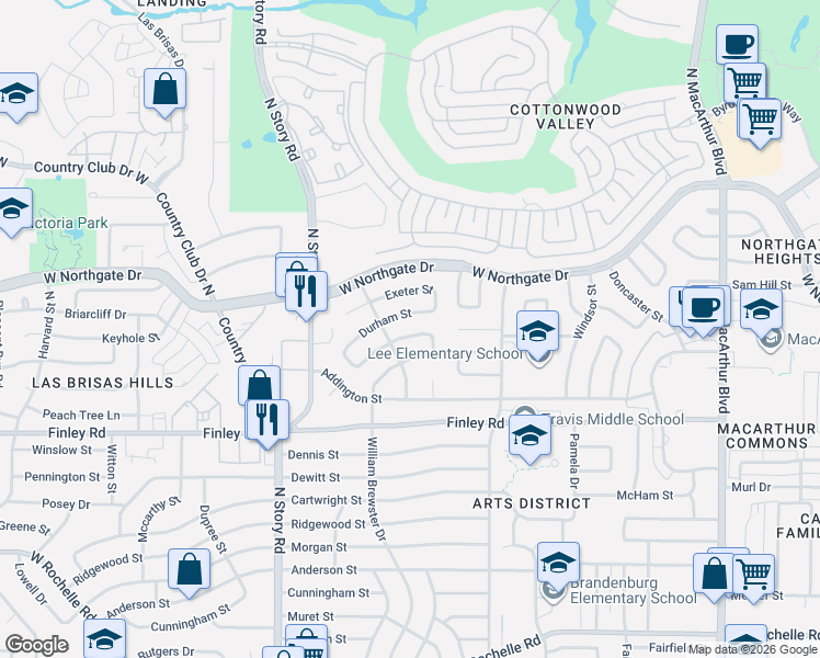 map of restaurants, bars, coffee shops, grocery stores, and more near 1914 Durham Street in Irving