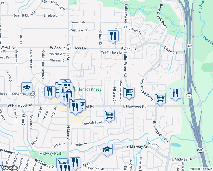 map of restaurants, bars, coffee shops, grocery stores, and more near 1235 Park Place in Euless