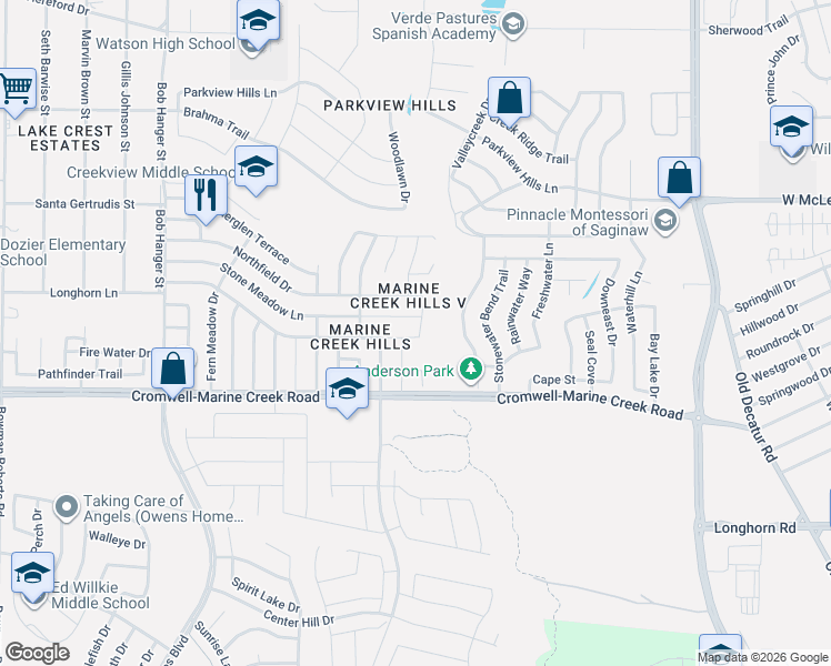 map of restaurants, bars, coffee shops, grocery stores, and more near 5301 Stone Meadow Lane in Fort Worth