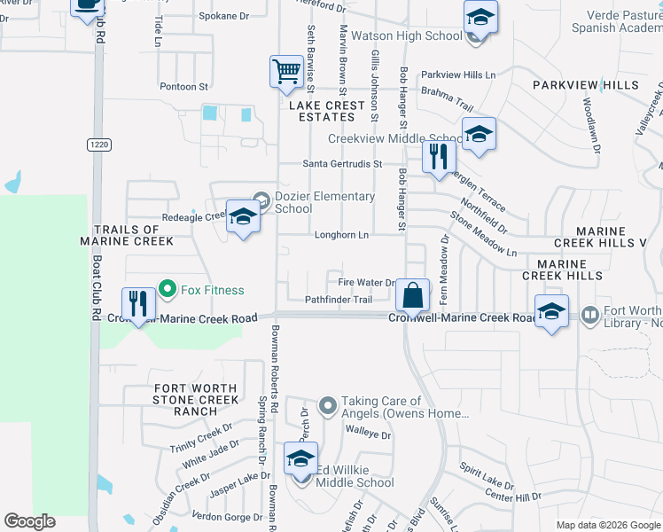 map of restaurants, bars, coffee shops, grocery stores, and more near 6048 Bowman Roberts Road in Fort Worth