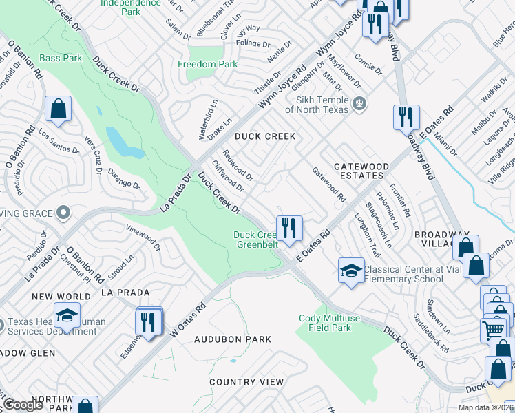 map of restaurants, bars, coffee shops, grocery stores, and more near 4813 Cliffwood Drive in Garland