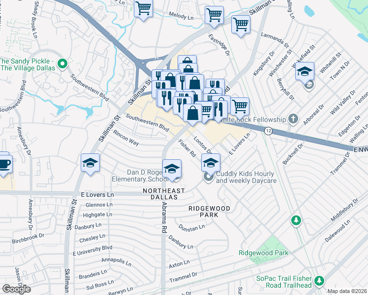 map of restaurants, bars, coffee shops, grocery stores, and more near 6408 Fisher Road in Dallas