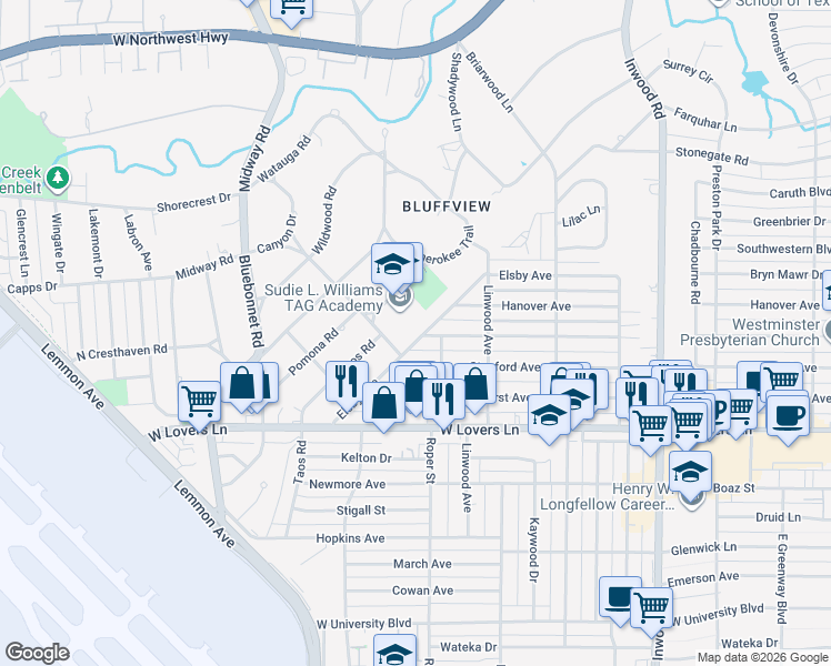 map of restaurants, bars, coffee shops, grocery stores, and more near 4623 Elsby Avenue in Dallas