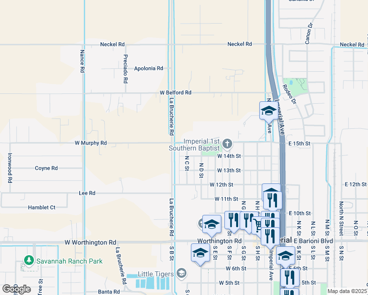 map of restaurants, bars, coffee shops, grocery stores, and more near 650-698 West 15th Street in Imperial