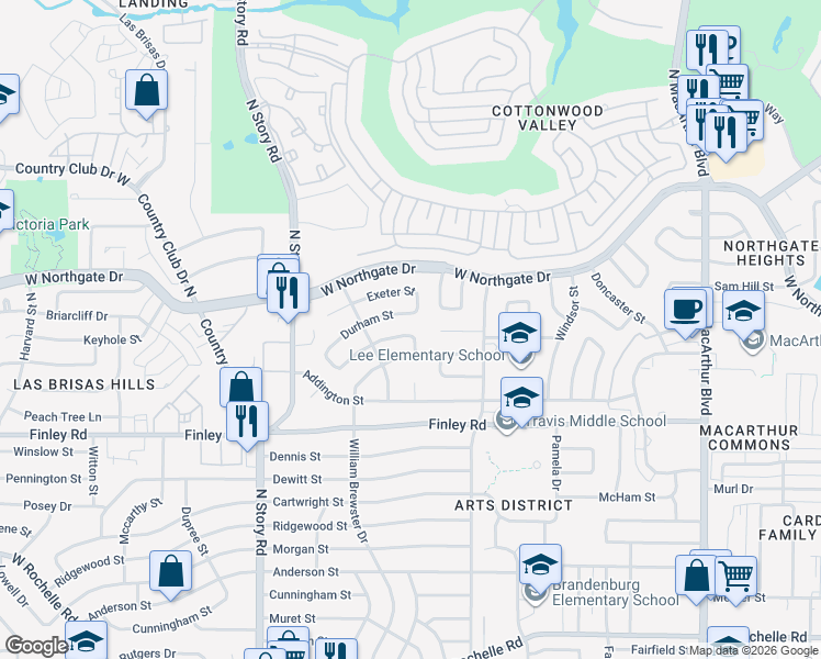 map of restaurants, bars, coffee shops, grocery stores, and more near 1913 Canterbury Street in Irving