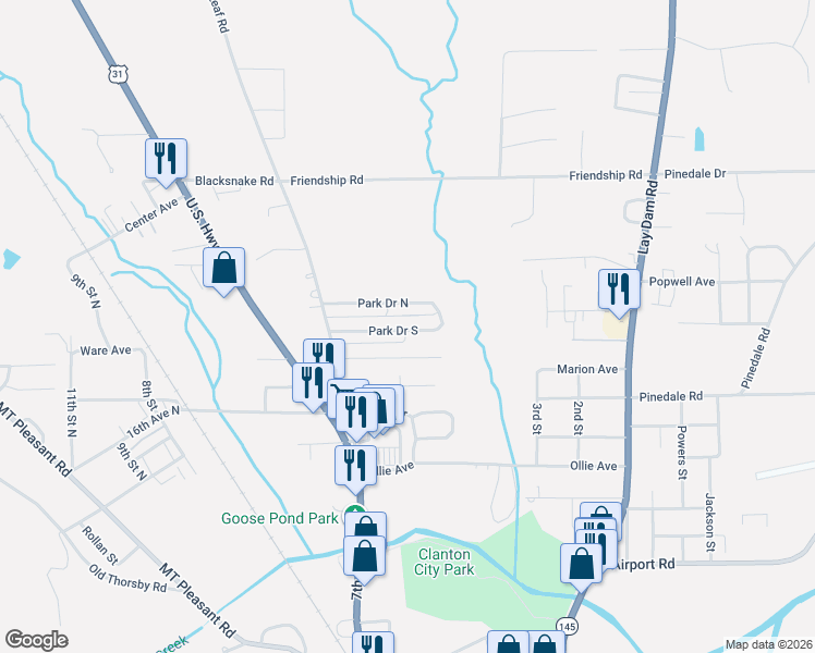 map of restaurants, bars, coffee shops, grocery stores, and more near 144 Park Drive South in Clanton
