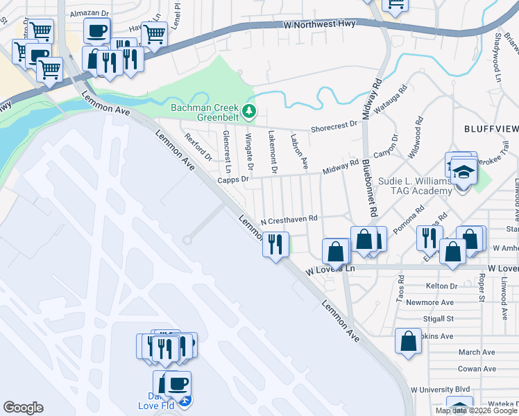 map of restaurants, bars, coffee shops, grocery stores, and more near 8419 Craighill Avenue in Dallas