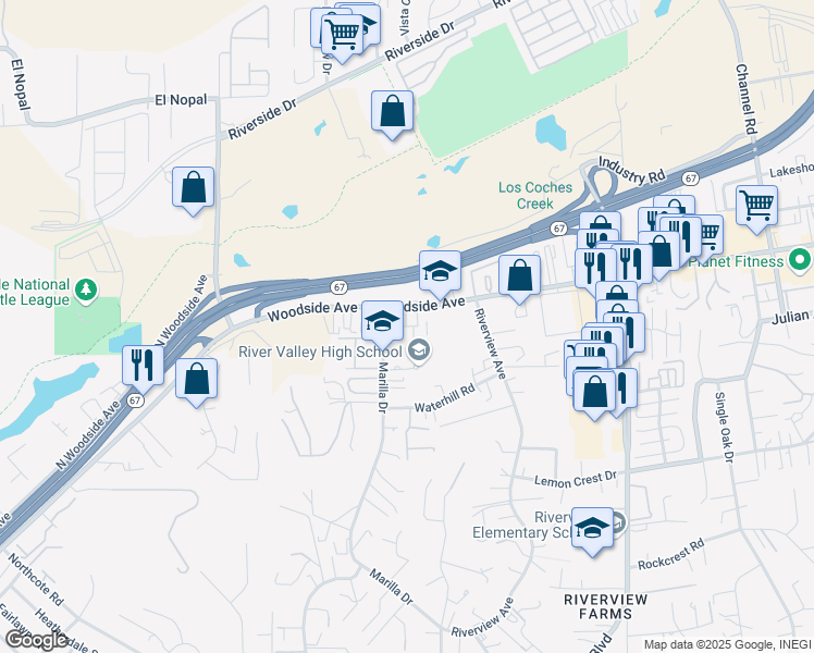 map of restaurants, bars, coffee shops, grocery stores, and more near 11719 Woodside Avenue in Lakeside