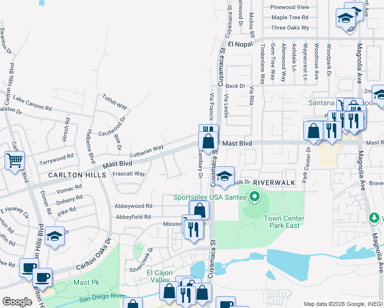 map of restaurants, bars, coffee shops, grocery stores, and more near 9752 Cambury Court in Santee