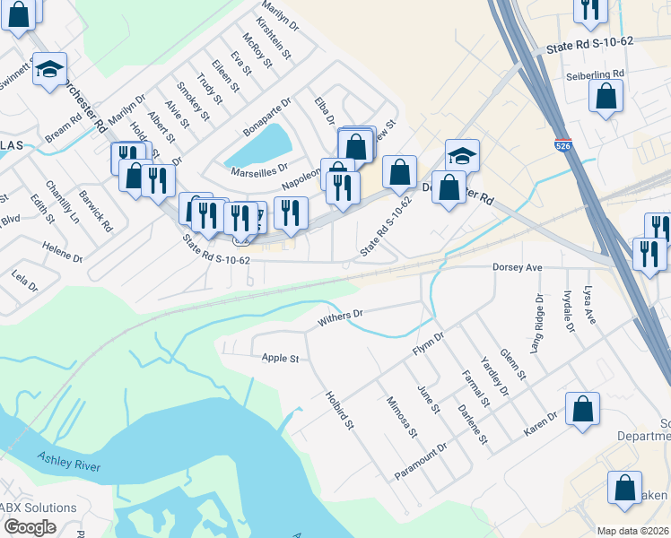 map of restaurants, bars, coffee shops, grocery stores, and more near 4539 West Montague Avenue in North Charleston