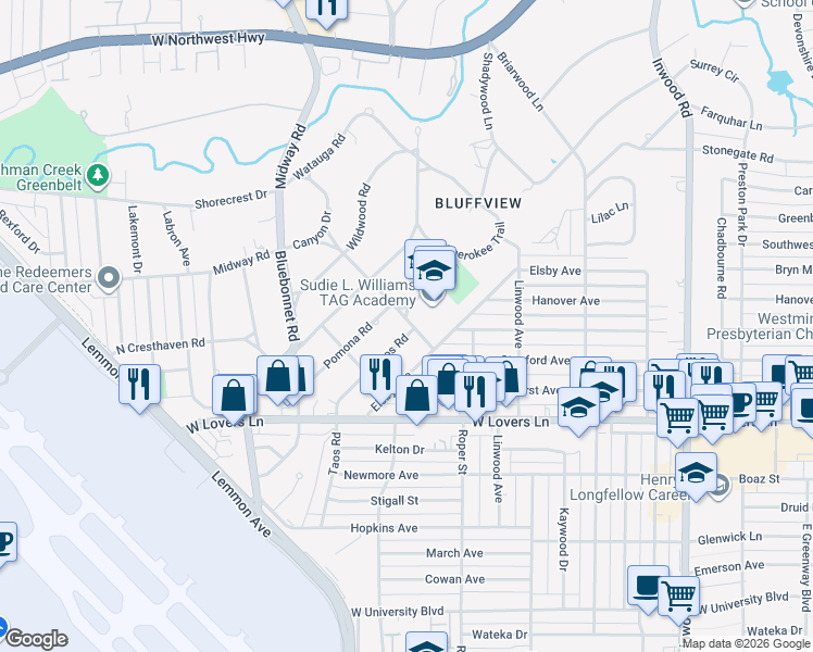 map of restaurants, bars, coffee shops, grocery stores, and more near 4459 Taos Road in Dallas