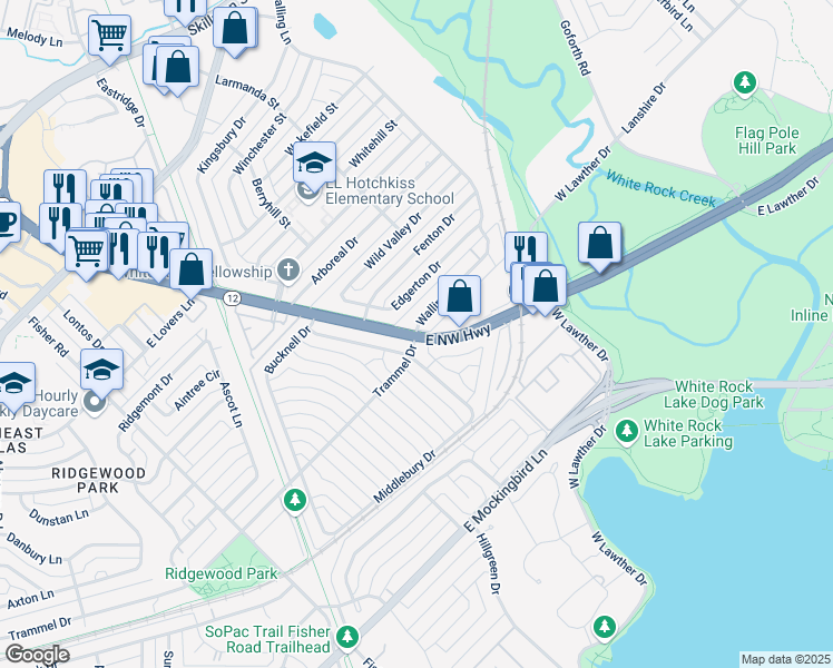 map of restaurants, bars, coffee shops, grocery stores, and more near 7333 East Northwest Highway in Dallas